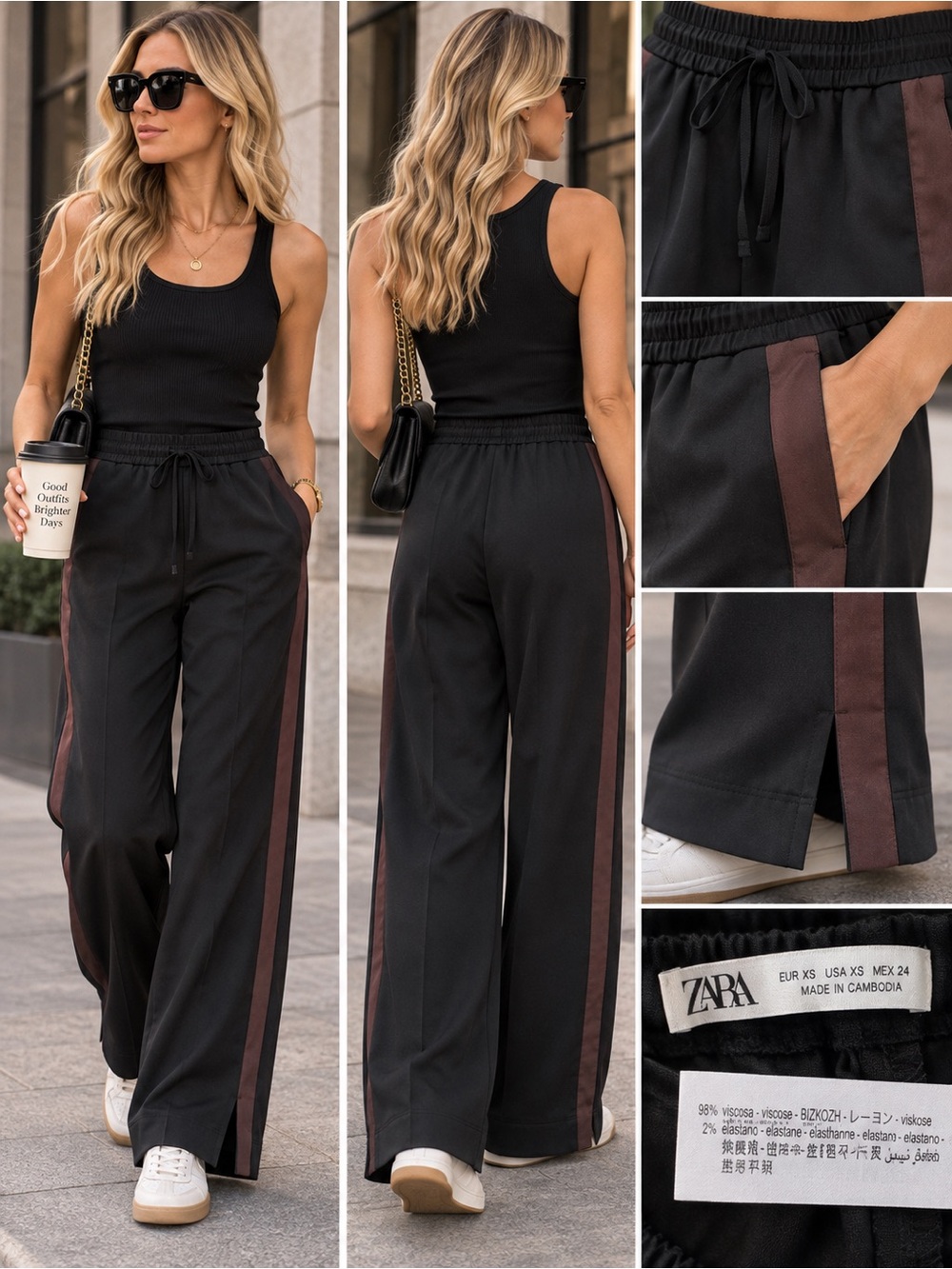 Zara Wide Leg Side Stripe Pants Black Brown XS NWT
